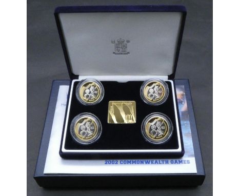 A boxed GB Royal Mint 2002 Commonwealth Games Manchester four £2 silver proof commemorative coin set with COA. Uncirculated c
