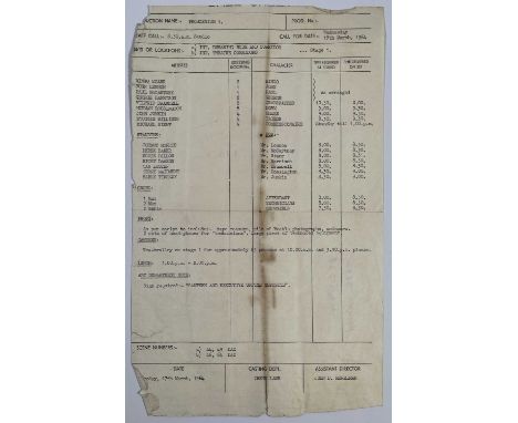 An original call sheet for a day filming on A Hard Day's Night (Tuesday 17th March 1964), filming scene numbers 44,46,49 and 