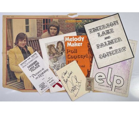 Good selection of ELP memorabilia to include: original 'In Concert' booklet with Chris Welch text signed to cover (with inscr