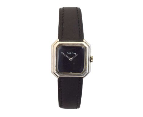 A 1970s silver manual wind wristwatch by Roy King. The signed black square shape dial with baton hands, manual wind movement 