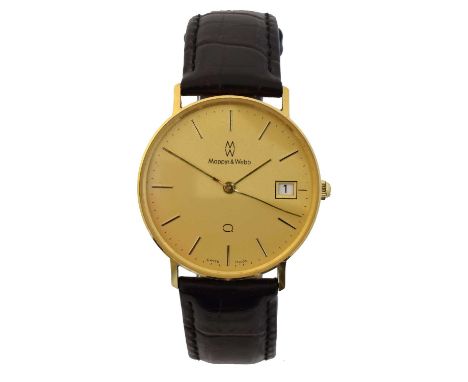 A 9ct gold Mappin & Webb quartz wristwatch. The signed gold tone dial with baton markers, outer minutes track and date apertu