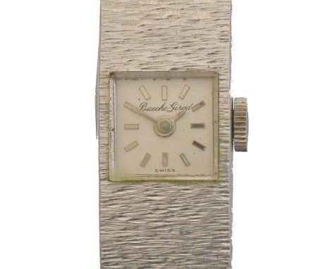A 1960s 9ct gold Bueche Girod manual wind wristwatch. The signed square shape dial with baton markers, FHF cal. 59-21 signed 