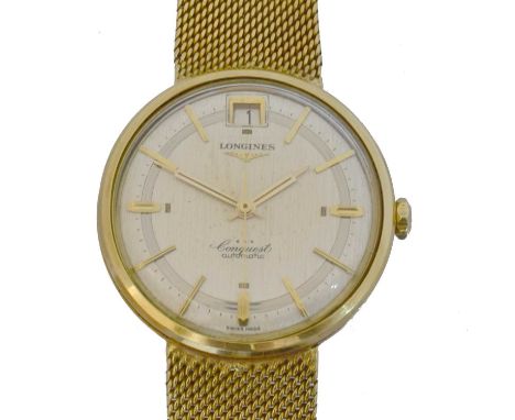 An 18ct gold Longines Conquest automatic wristwatch, ref. 9025-1.  The signed circular dial with baton markers, date aperture