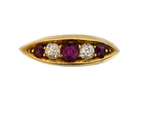 A late Victorian 18ct gold ruby and diamond five stone ring. The cushion shape ruby and old cut diamond line inset to the pol