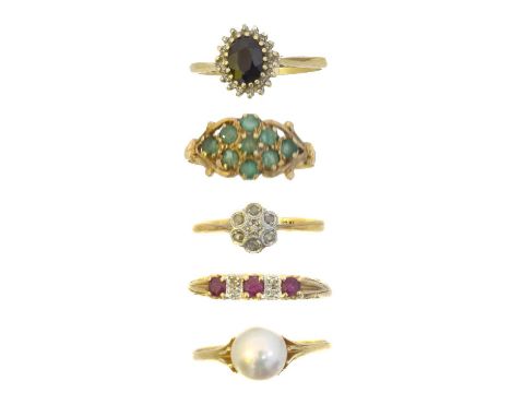 Five gem-set dress rings. To include a diamond cluster ring stamped 18ct, a 9ct gold emerald cluster ring, a 9ct gold ruby an