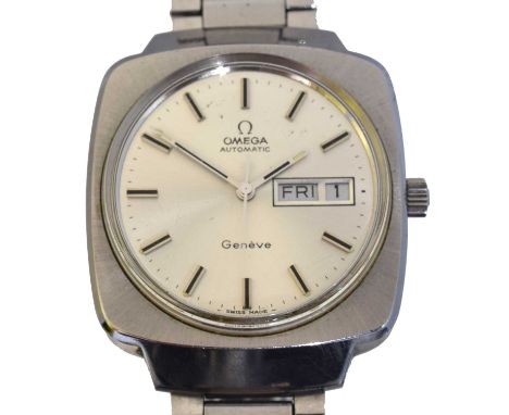 A 1970s Omega Geneve automatic wristwatch, ref. 166.0170.  The signed circular silver tone dial with baton markers, outer min