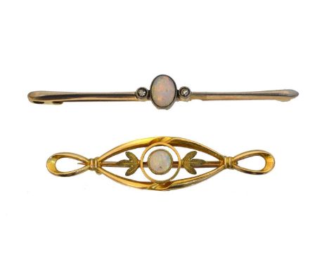 Two early 20th century 15ct gold opal bar brooches. The first set with an oval opal cabochon and single cut diamond sides, th