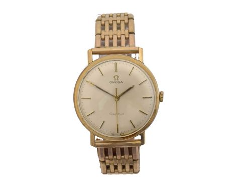 A 1960s 9ct gold Omega Geneve manual wind wristwatch, ref. 130.25016. The signed circular dial with baton markers and outer m