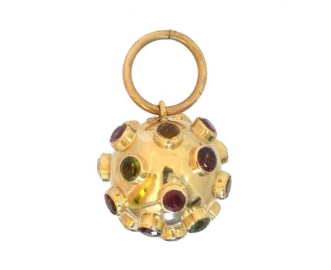 A gem-set Sputnik pendant. Of typical form, set with tourmaline, garnet, amethyst, citrine, etc, stamped 750, length 2.7cm, g