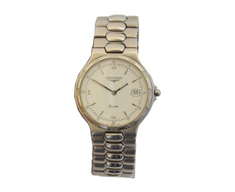 A stainless steel Longines Conquest quartz wristwatch, ref. L1.614.4. The signed circular white dial with baton markers, oute