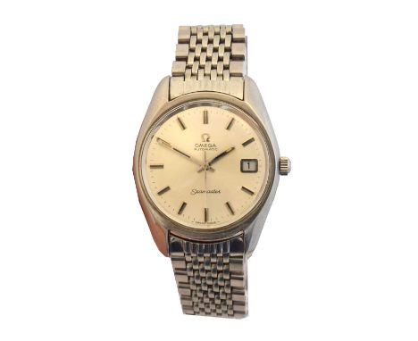 A stainless steel Omega Seamaster automatic wristwatch. The signed circular dial with baton markers, outer minutes track and 