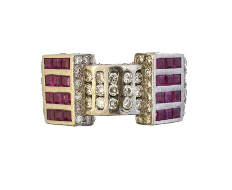 A ruby and diamond cocktail ring,  A ruby and diamond cocktail ring, the brilliant cut diamond and square cut ruby band with 