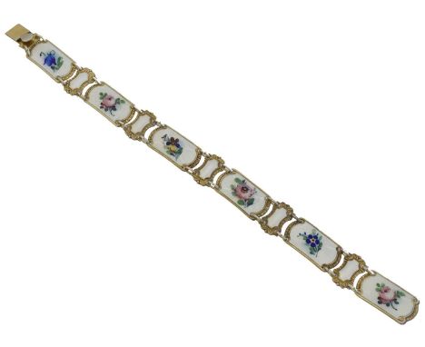 An enamel bracelet by Ivar T Holth. The rectangular enamel panels with vari-shade floral detailing and plain link spacers, ma