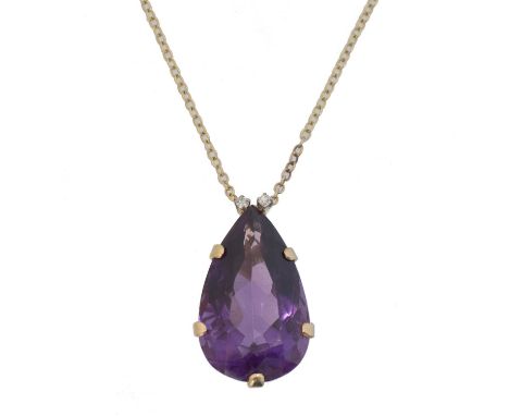 An amethyst and diamond pendant. The pear shape amethyst weighing approx. 22cts with single cut diamond accents, suspended fr