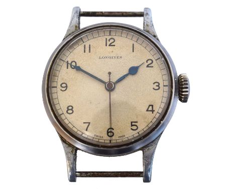 A WWII Longines Air Ministry pilot's manual wind military wristwatch.  Circa 1943, the signed dial with arabic markers, outer