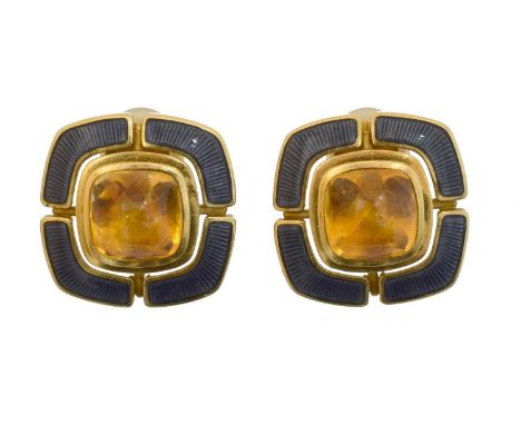 A pair of 18ct gold citrine and enamel Leo de Vroomen earrings. Each designed as a cushion citrine cabochon within an enamel 