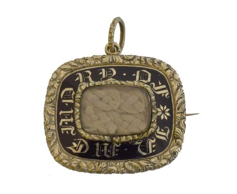 A Victorian mourning brooch. The rectangular hairwork panel within an enamel and foliate surround, with hoop surmount, length