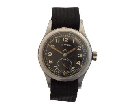 A 1940s Vertex 'Dirty Dozen' wristwatch. The signed black dial with military broad arrow, luminescent hands and dots, arabic 