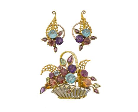 A vari-gem giardinetto suite of jewellery by Alabaster & Wilson. Comprising a brooch and pair of earrings, set with circular 