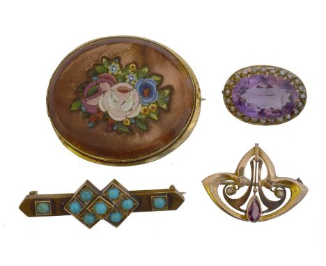 Four Victorian and later brooches.  To include a sunstone micro mosaic brooch, a turquoise bar brooch, an amethyst and split 