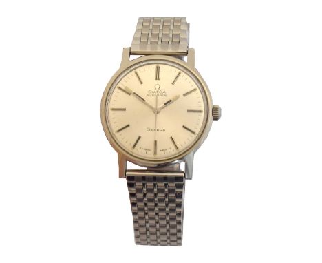 A 1970s stainless steel Omega Geneve automatic wristwatch, ref. 165.070. The signed circular dial with baton markers and oute
