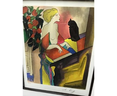 AFTER LE KINFF "Lady with Cat", coloured lithograph, limited edition No'd. 409/495, signed in pencil lower right, approx 26.5
