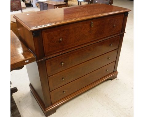 A modern burr walnut and cross-banded secretaire chest in the Georgian style, the top with moulded edge over a fitted secreta