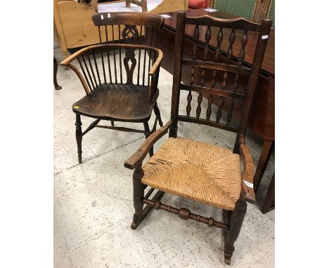 A 19th Century Thames Valley beech, elm and ash stick back elbow chair on turned legs united by an H stretcher, 53 cm wide x 