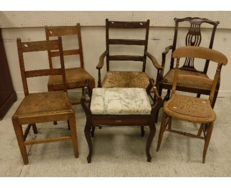 A circa 1900 stained beech rush seat ladder back elbow chair, a circa 1900 rush seat provincial Chippendale style carver chai