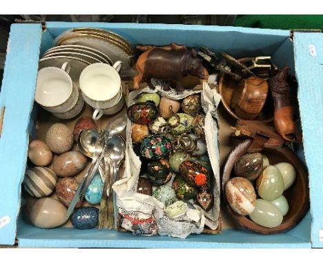 A selection of various hardstone and lacquered decorative eggs, a small selection of WMF forks and spoons, various wooden ani
