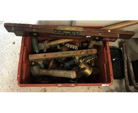 A box of assorted vintage tools to include three spirit levels to include two by J. R. Rabone &amp; Sons and one by W Marples