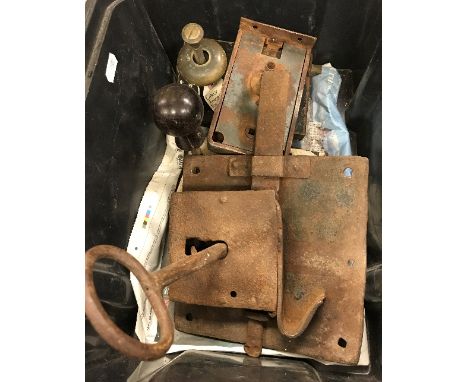 A selection of 19th Century and other vintage locks including heavy French iron lock with key, early American rim lock and an