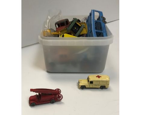 A box containing a collection of Lesney die-cast vehicles including fire engine, Ruston digger, speedboat, ambulance, various