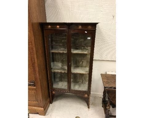 A circa 1900 mahogany china display cabinet with stylised foliate inlaid decoration in satinwood, pewter and copper in the Ar