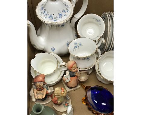 A Royal Albert Memory Lane part tea service, three Goebel figurines, a glass turtle, cranberry glass ewer and no jug and a cu