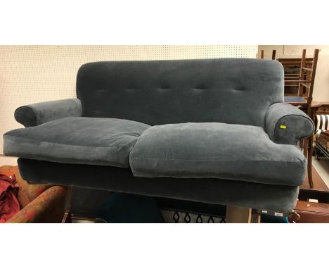 A modern blue velvet upholstered "Loaf" sofa on ebonised bracket feet approx. 191 cm wide x 88 cm deep x 85 cm high CONDITION