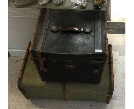 A vintage leather bound travelling hat box bearing paper label inscribed "GWR", together with a canvas and wooden bound trunk