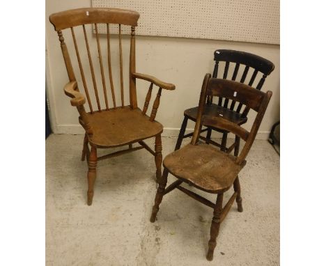 A late Victorian stained beech and elm stick back Windsor type elbow chair, 111 cm high, together with four Oxford bar back k