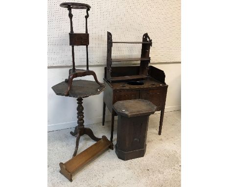 A 19th Century mahogany circular washstand on tripod base, a Victorian octagonal pedestal occasional table, oak three tier wa