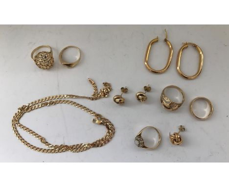 A collection of various 9 carat gold jewellery including wedding band, opal ring, pierced dress ring, two and a half pairs of