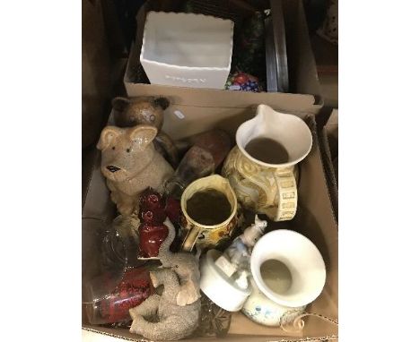 Three boxes of assorted sundry items to include various decorative tins, vintage tennis rackets, various Doulton posies, a su