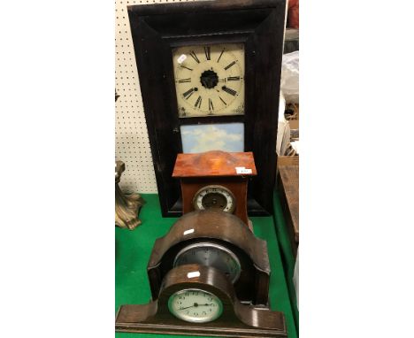 An Edwardian mahogany and inlaid mantel clock, the dial set with Arabic numerals, approx 30 cm high, together with an America