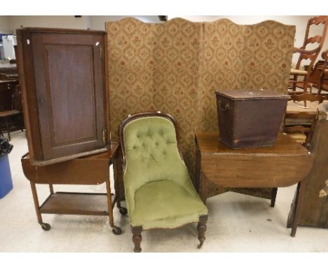 A George III oak and inlaid hanging corner cupboard of typical form, a mahogany drop leaf tea trolley, mahogany drop leaf Pem