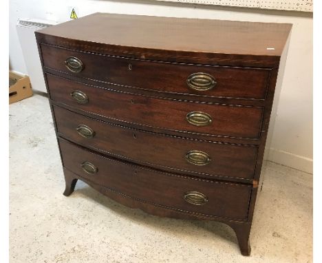 A 19th Century mahogany bow fronted chest of four long graduated drawers on splayed bracket feet 99 cm wide x 90 cm high x 55