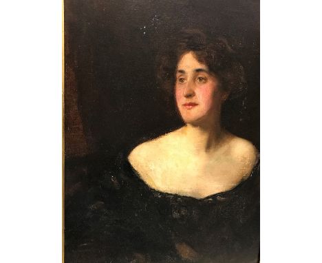 CIRCA 1900 ENGLISH SCHOOL "Young Woman in Off the Shoulder Dress", a portrait study, half length, oil on canvas, unsigned, 76