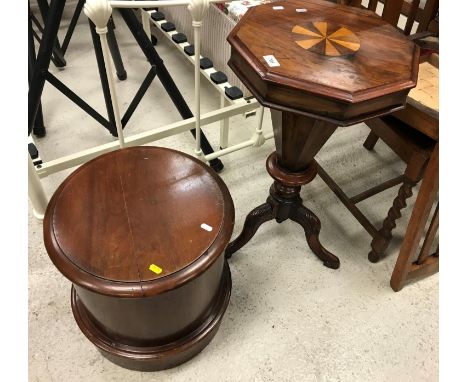 A Victorian walnut and parquetry inlaid octagonal trumpet shaped work table, 42 cm diameter x 71.5 cm high, together with a V