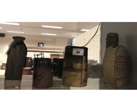 A collection of studio pottery to include Louis Hudson wheel vase, cups and saucers, etc and a Bob Dawe Red Barn Pottery volc