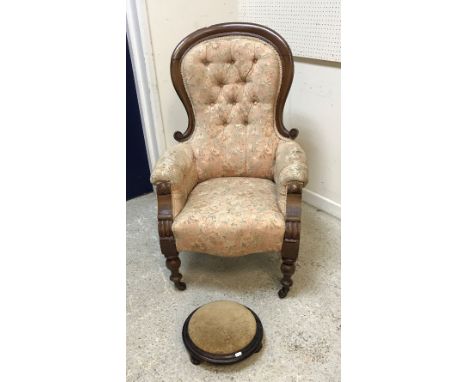 A Victorian mahogany framed spoon back salon armchair, 109 cm high, a Victorian mahogany framed turned and ringed spindle bac