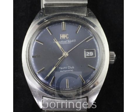A gentleman's 1970's stainless steel IWC Yacht Club automatic wrist watch, the blue dial with baton numerals and date apertur