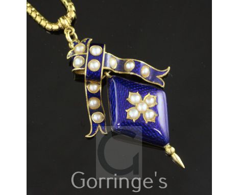 A late Victorian gold, blue guilloche enamel and split pearl drop pendant locket necklace, with diamond shaped drop and ribbo